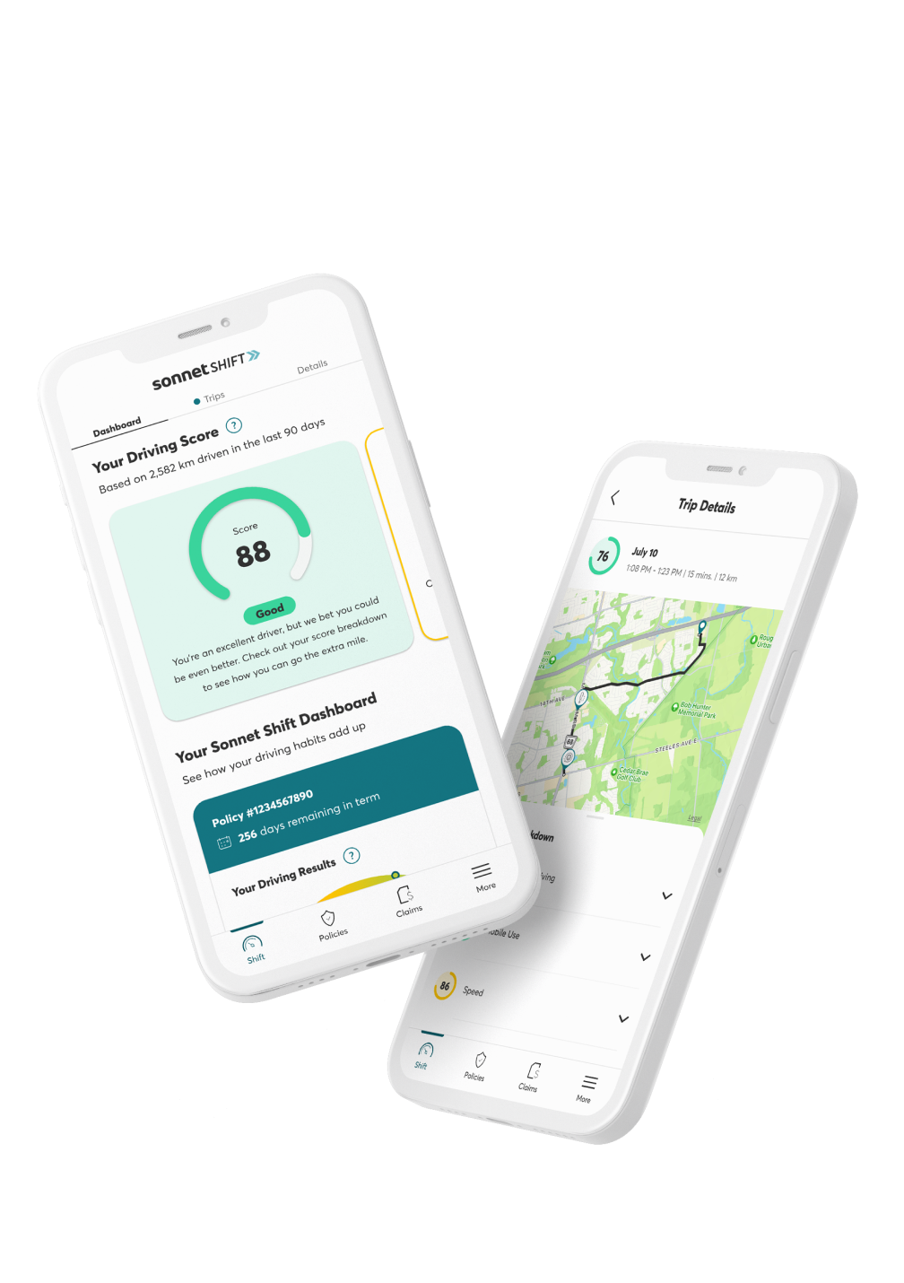 Sonnet Shift usage-based insurance app screens showing a good driving score and tips.