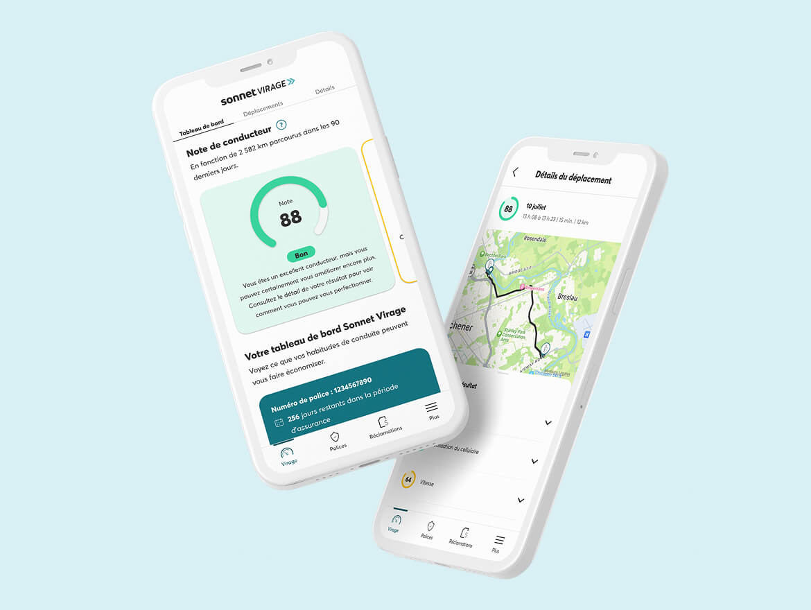 Application d’assurance basée sur l’utilisation de Sonnet Virage affichant une bonne note de conduite et des conseils.