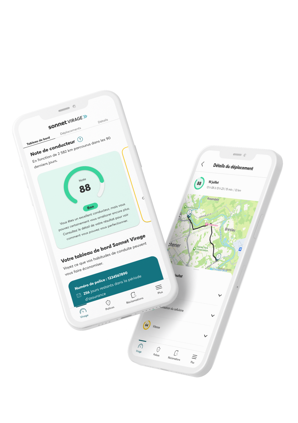 Application d’assurance basée sur l’utilisation de Sonnet Virage affichant une bonne note de conduite et des conseils.
