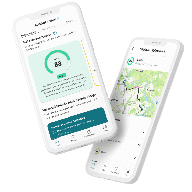 Application d’assurance basée sur l’utilisation de Sonnet Virage affichant une bonne note de conduite et des conseils.