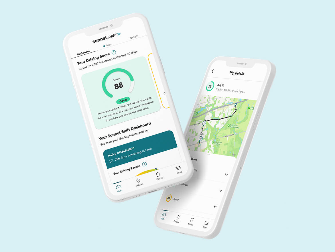 Sonnet Shift usage-based insurance app screens showing a good driving score and tips.