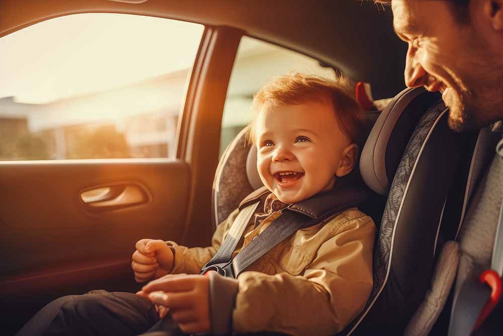 Smiling baby in a car seat