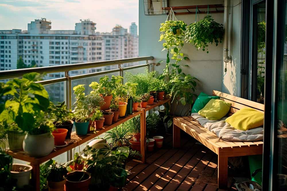 Des plantes en pot sur un balcon d'appartement