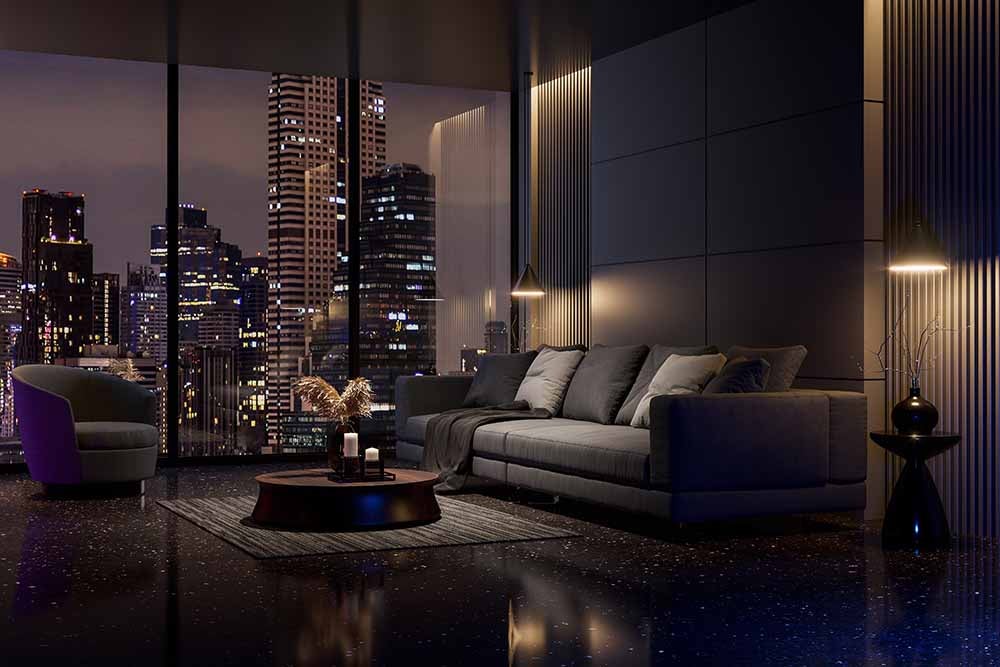 Condo living room at night