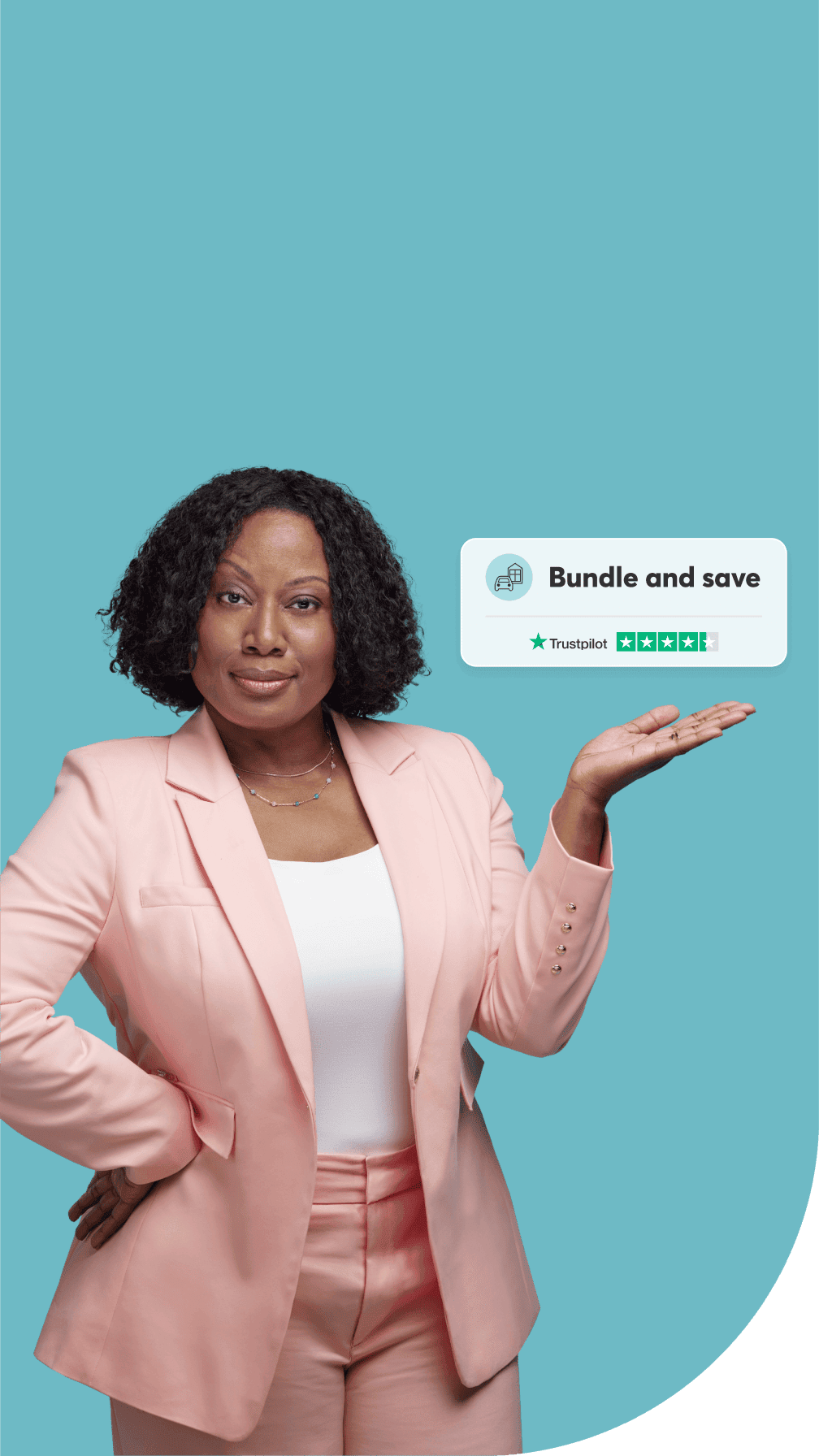 A confident woman with curly black hair wearing a pink blazer stands and gestures toward a floating text box. The text box reads bundle and save and features a positive Trustpilot rating.