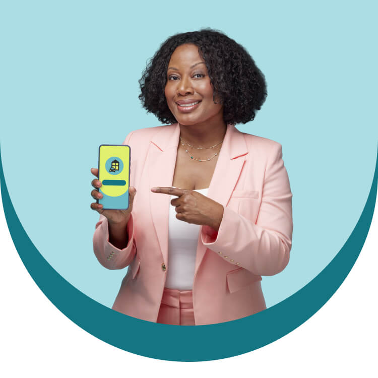 Person smiling and pointing to their phone screen displaying a quote.