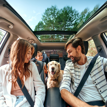 A happy family with a dog driving an insured car in Ontario.