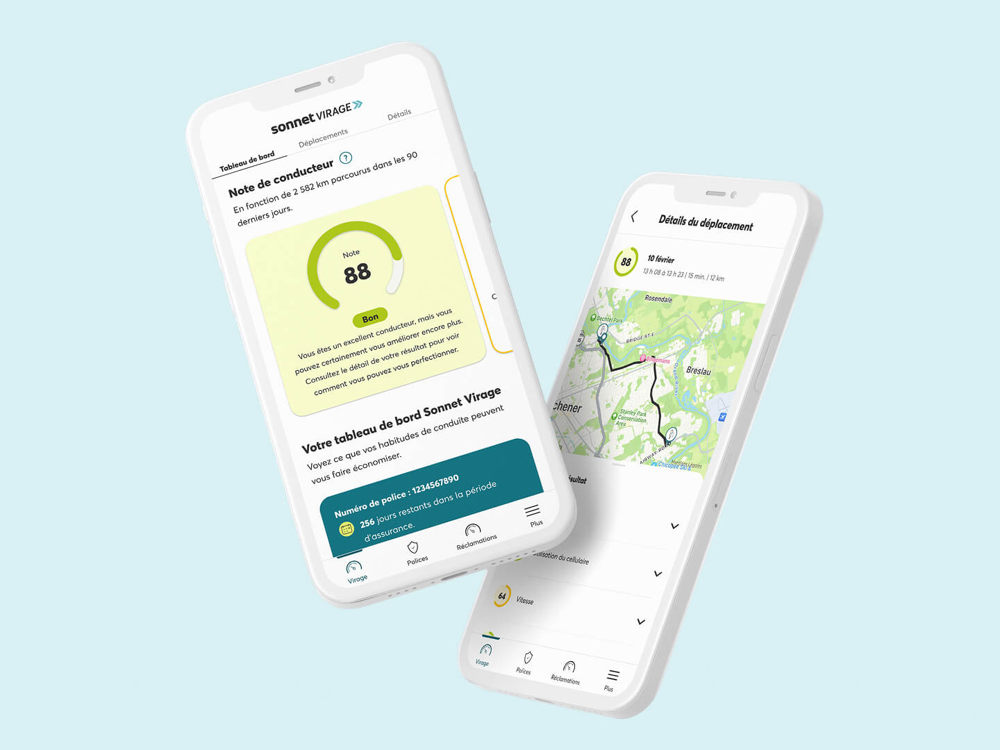 Application d’assurance basée sur l’utilisation de Sonnet Virage affichant une bonne note de conduite et des conseils.