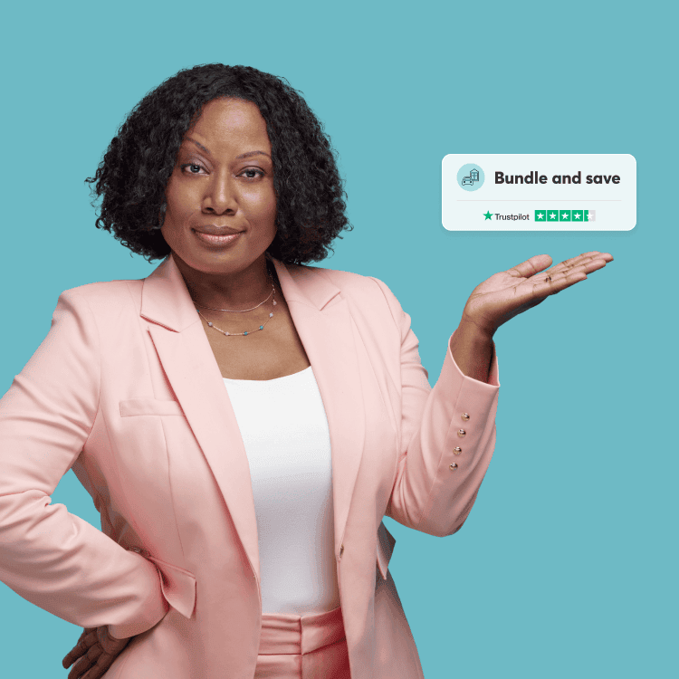 A confident woman with curly black hair wearing a pink blazer stands and gestures toward a floating text box. The text box reads bundle and save and features a positive Trustpilot rating.