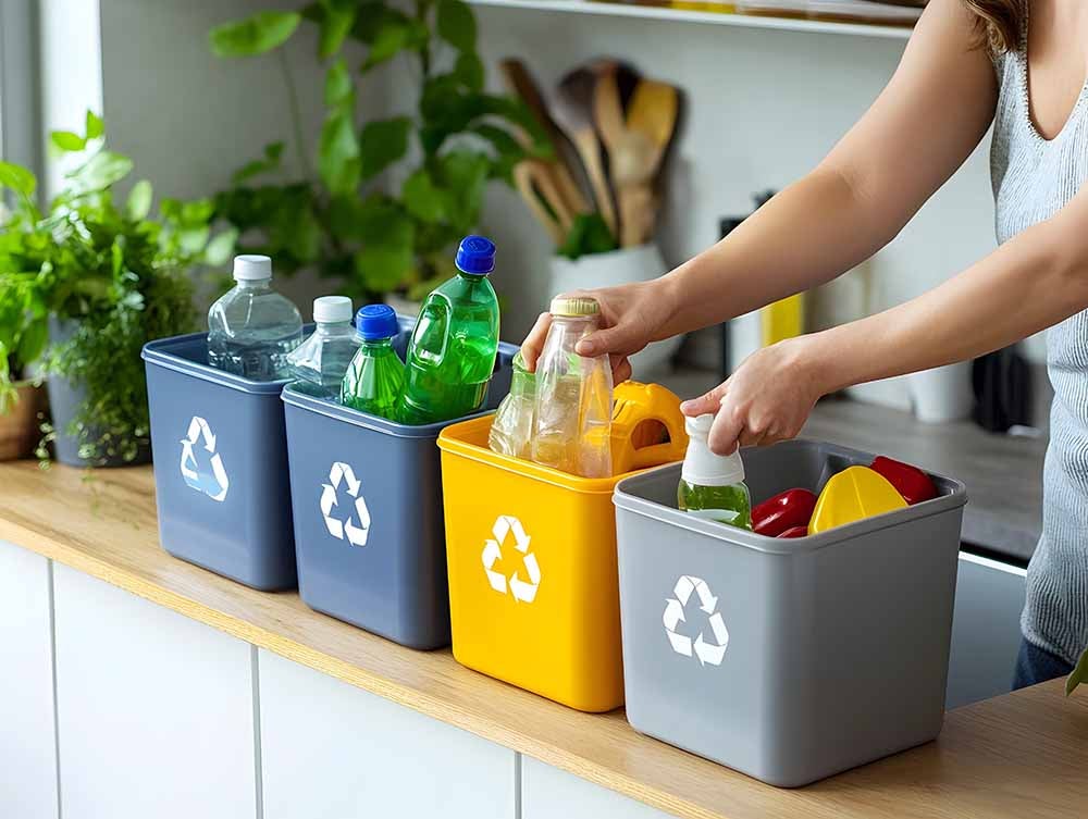 A woman sorting recycling at home