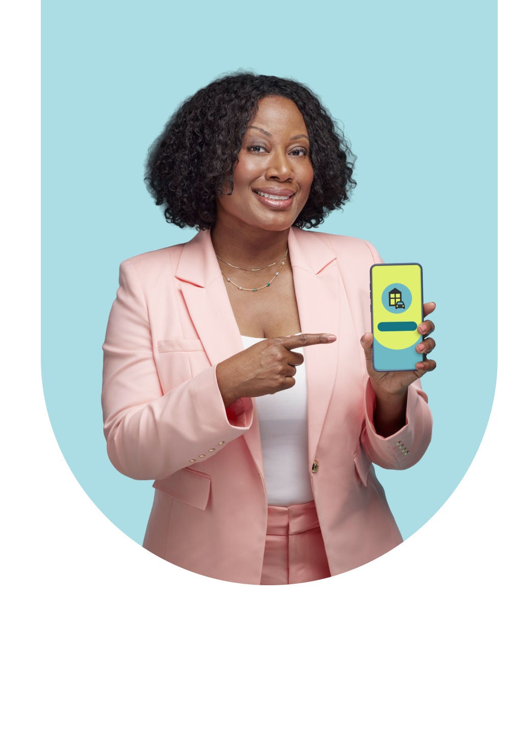 Person smiling and pointing to their phone screen displaying a quote.