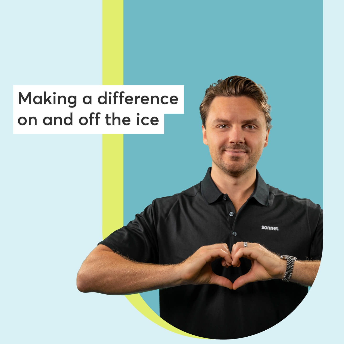 Sam Reinhart of the Florida Panthers makes a heart with his hands with text overlay stating, “Making a difference on and off the ice.