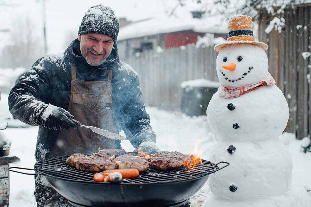 Un homme faisant du barbecue à l'extérieur par un matin d'hiver