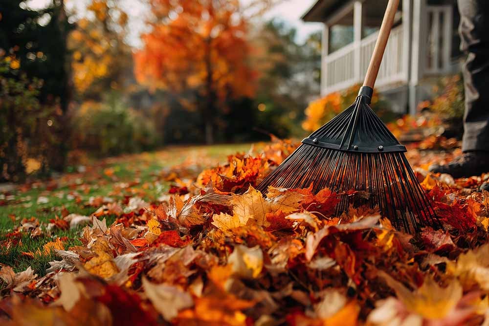 Un râteau balayant les feuilles d'automne tombées au sol