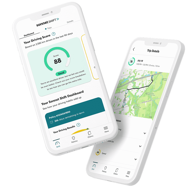 Sonnet Shift usage-based insurance app screens showing a good driving score and tips.