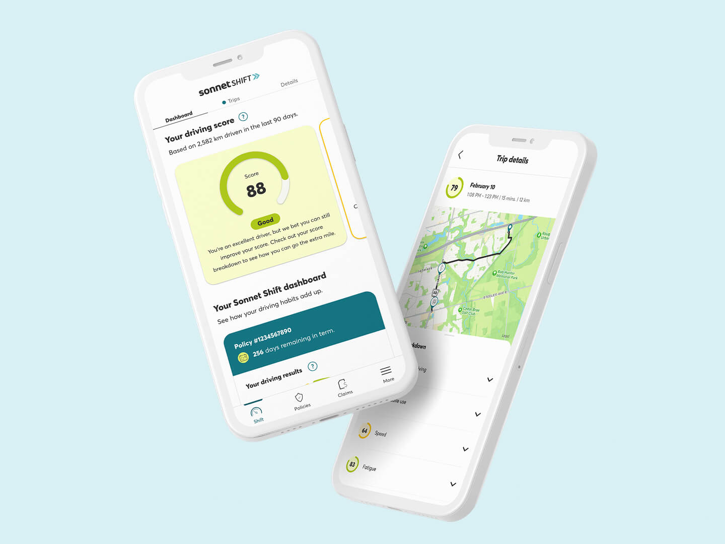Sonnet Shift usage-based insurance app screens showing a good driving score and tips.