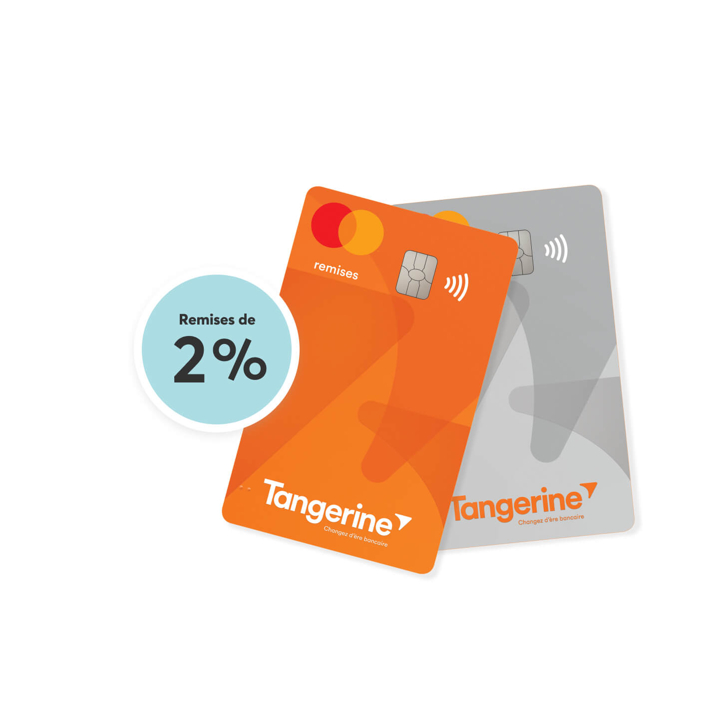 Cartes de crédit Tangerine grises et orange avec un cercle bleu qui indique des remises de 2 %.