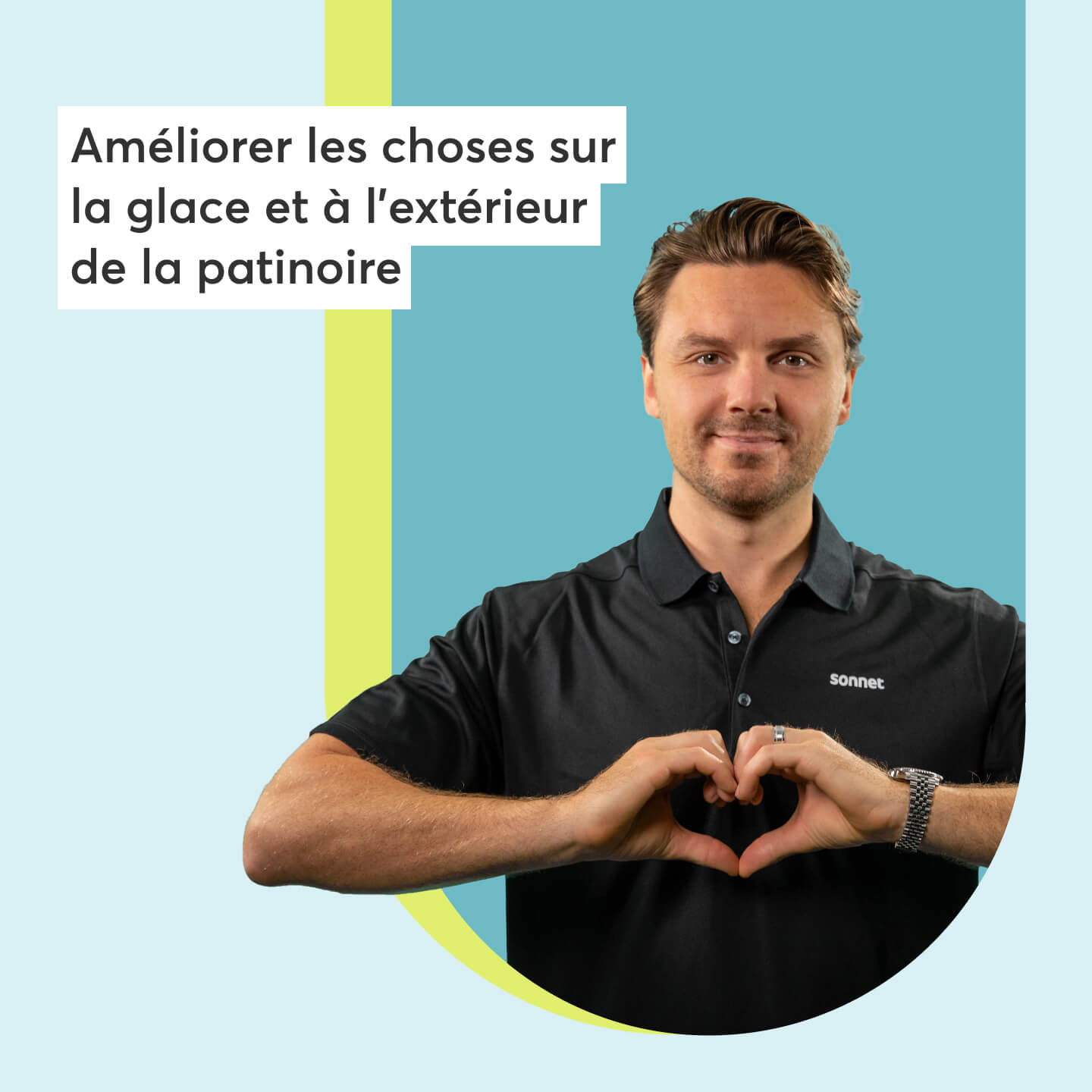 Sam Reinhart des Panthers de la Floride forme un cœur avec ses mains. Un texte en surimpression indique « Améliorer les choses sur la glace et à l’extérieur de la patinoire.