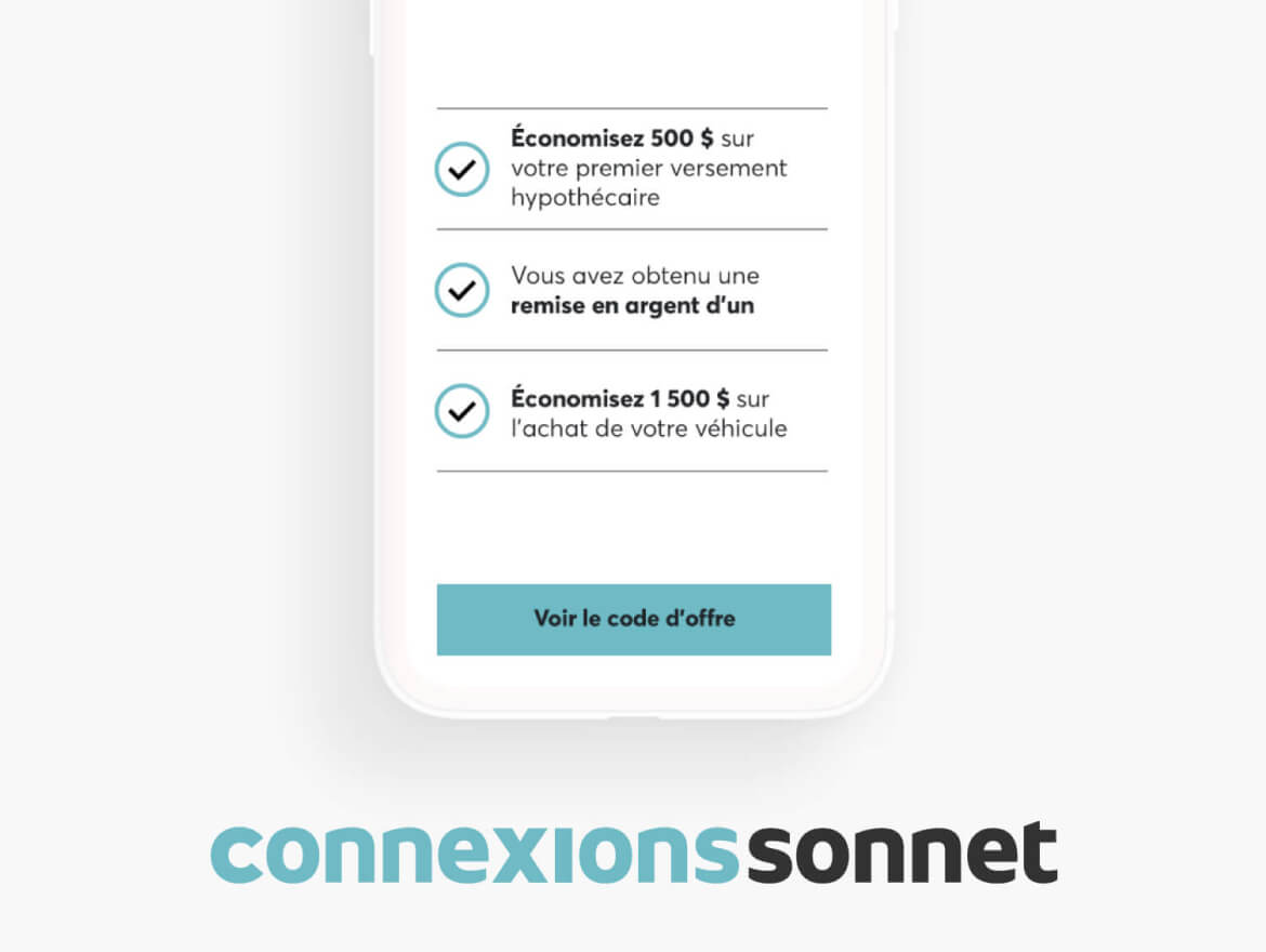 Écran d’application mobile présentant les économies et rabais typiques offerts aux assurés du groupe Sonnet et par l’entremise des Connexions Sonnet.