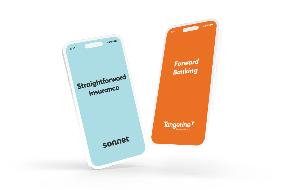 Two smart phones. One screen has blue background with text saying straightforward insurance. The other screen has orange background saying forward banking.