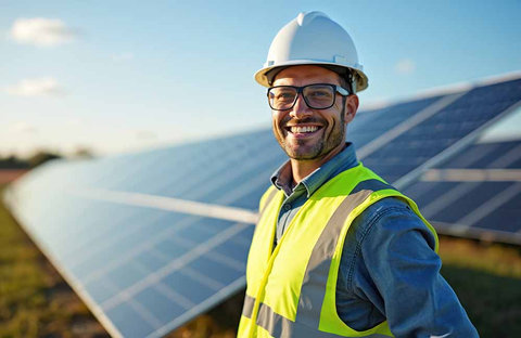 Engineering professional standing in front of a solar panel field
