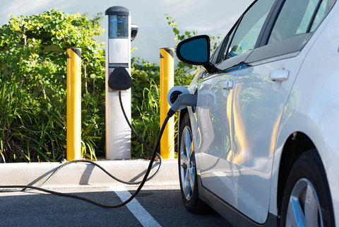 Véhicule électrique en recharge à l'extérieur avec un arbuste en arrière-plan