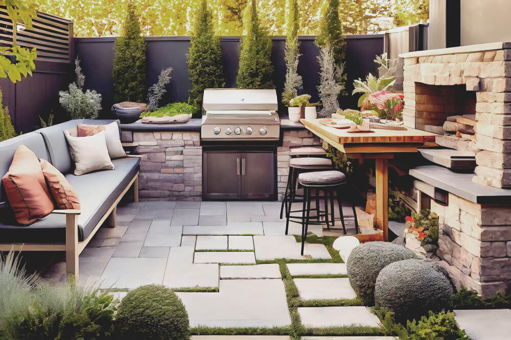 A modern back patio with a garden, backyard seating, and a place to entertain and cook.