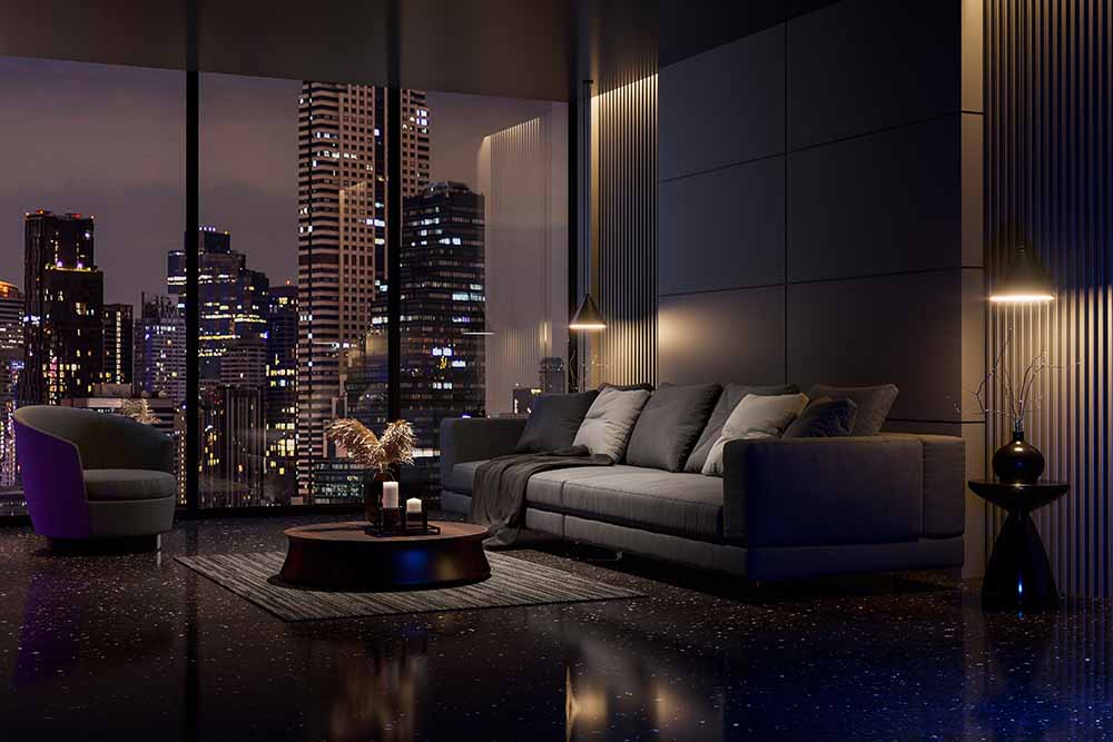 Condo living room at night