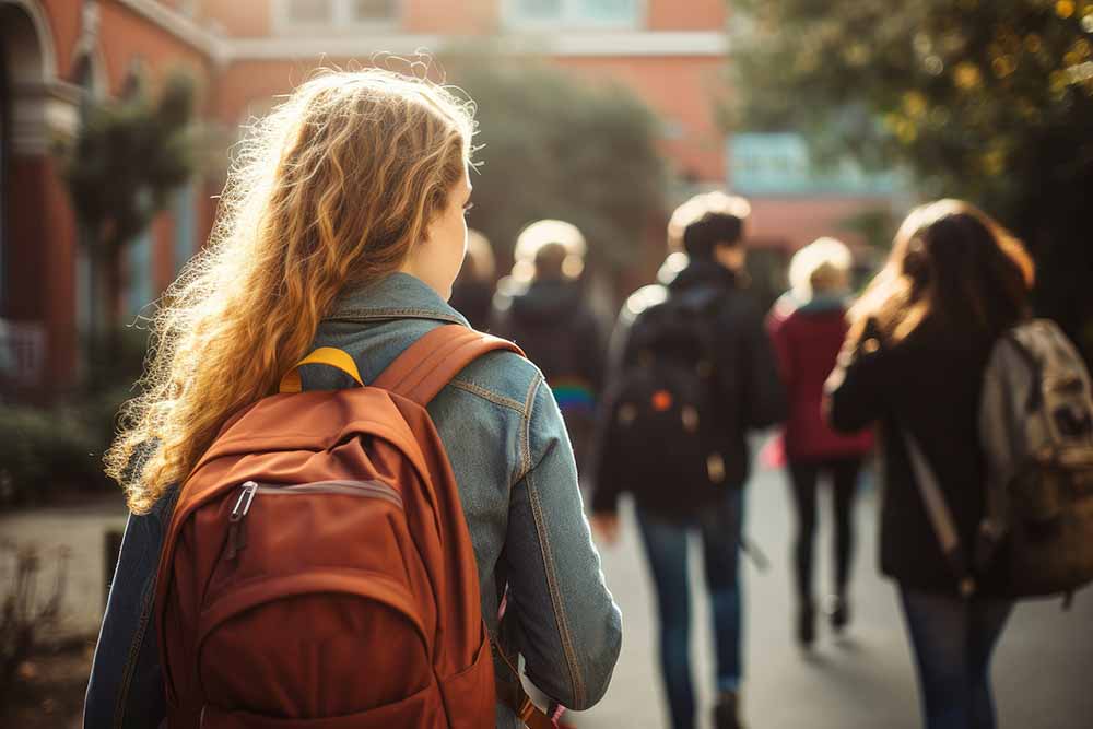 Une jeune femme portant un sac à dos rentre en classe