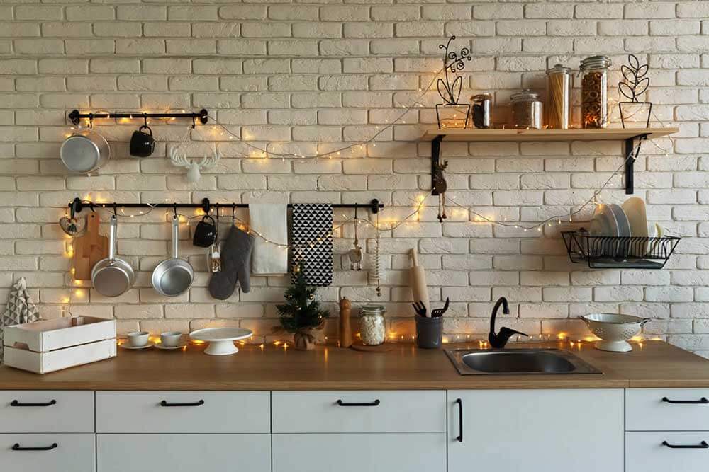 Festive kitchen with holiday lights