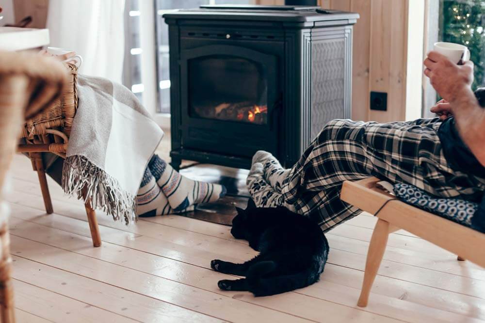 Famille et chat poêle à bois