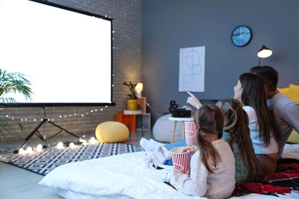 Home movie screen set up for a family