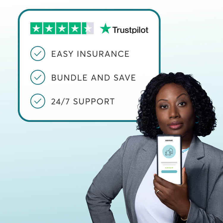 Woman holding a mobile device to buy home and car insurance with Sonnet