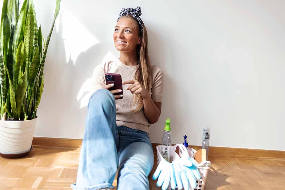 Woman looking over her insurance after spring cleaning