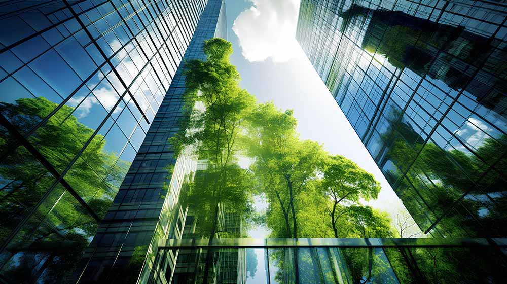 Reflections of trees on office buildings