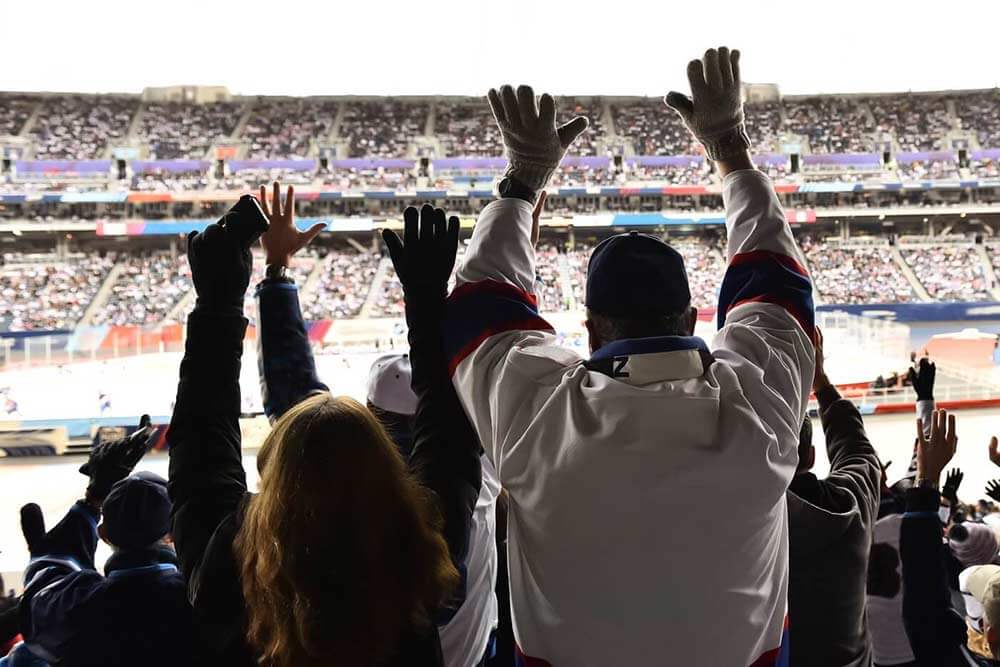 Hockey fans cheering at a hockey game