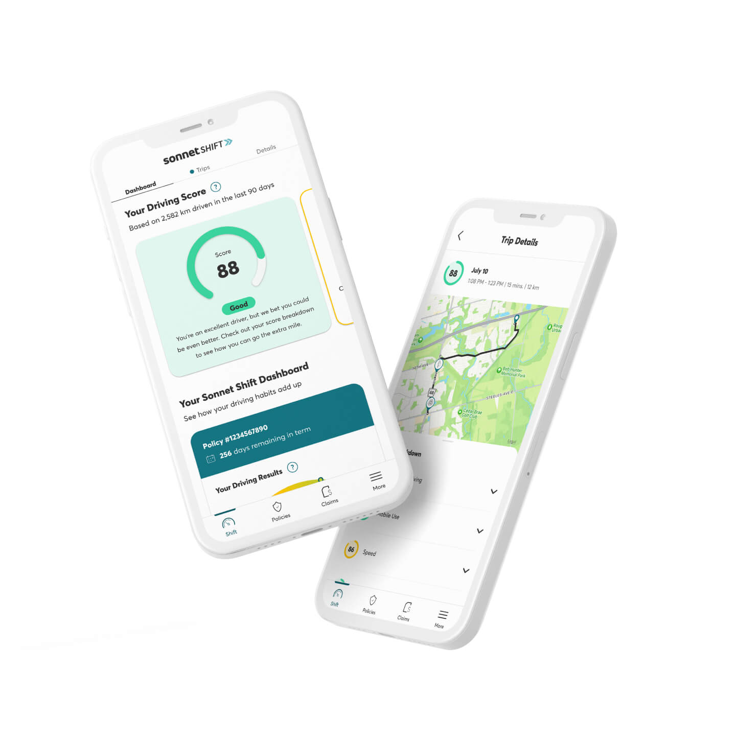 Sonnet Shift usage-based insurance app screens showing a good driving score and tips.
