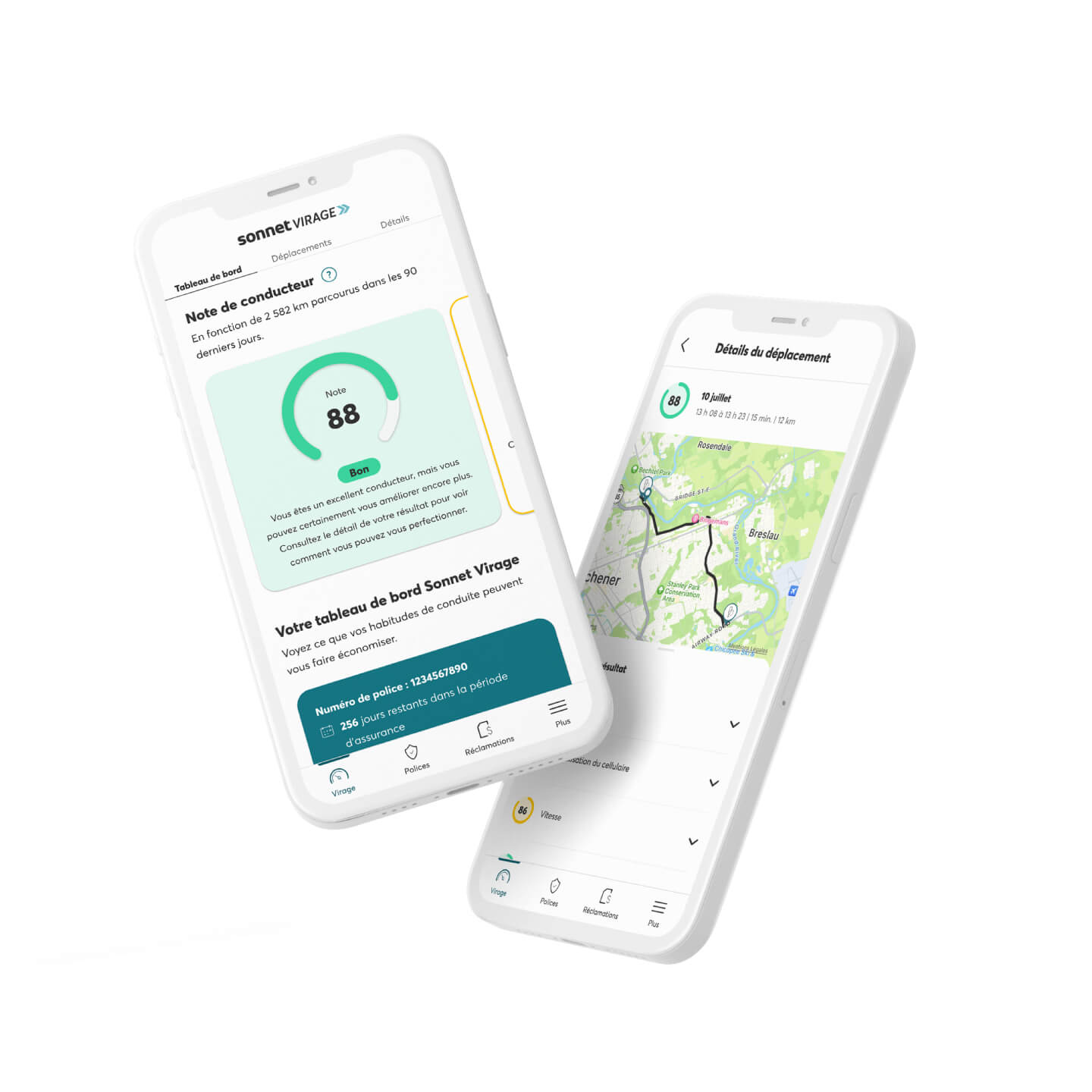 Application d’assurance basée sur l’utilisation de Sonnet Virage affichant une bonne note de conduite et des conseils.