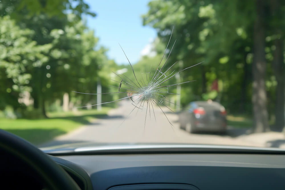Cracked windshield on a car parked on a sunny street