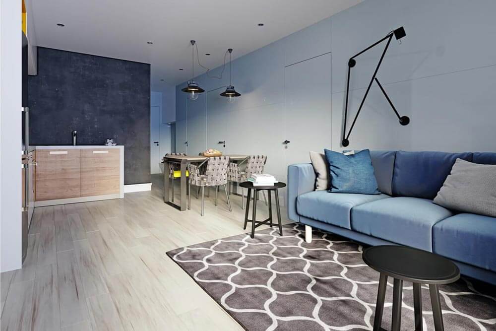 Interior condo with kitchen, dining room, and living room.