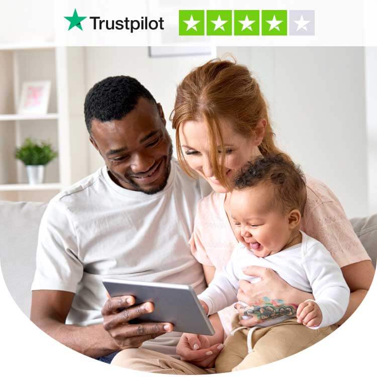 Young family at home getting an online insurance quote from Sonnet Insurance company, rated 4/5 stars by Trustpilot