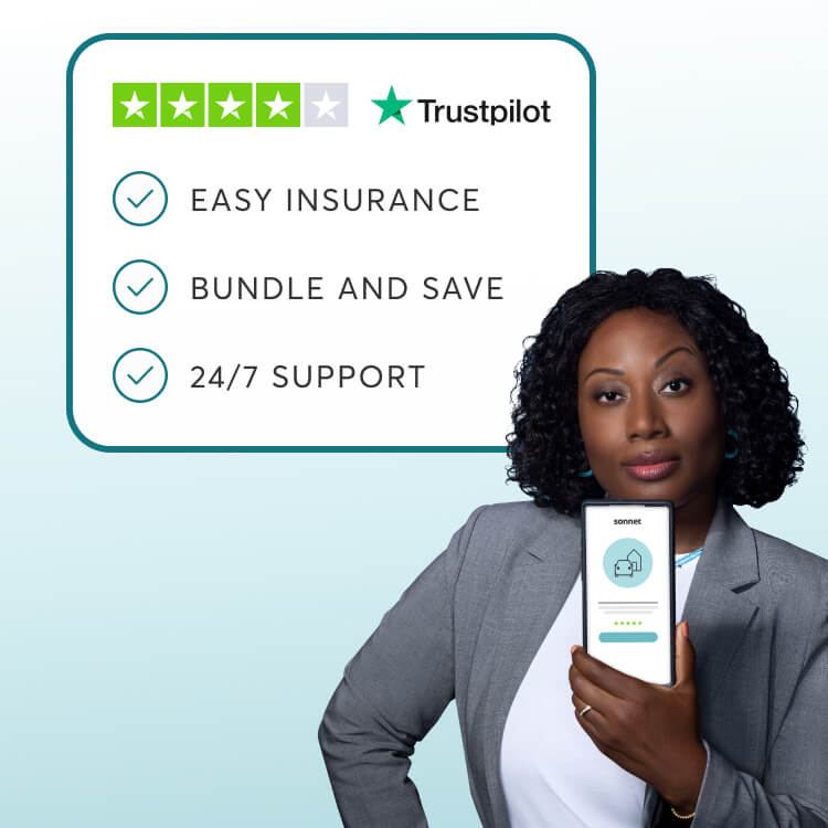 Woman holding a mobile device to buy home and car insurance with Sonnet