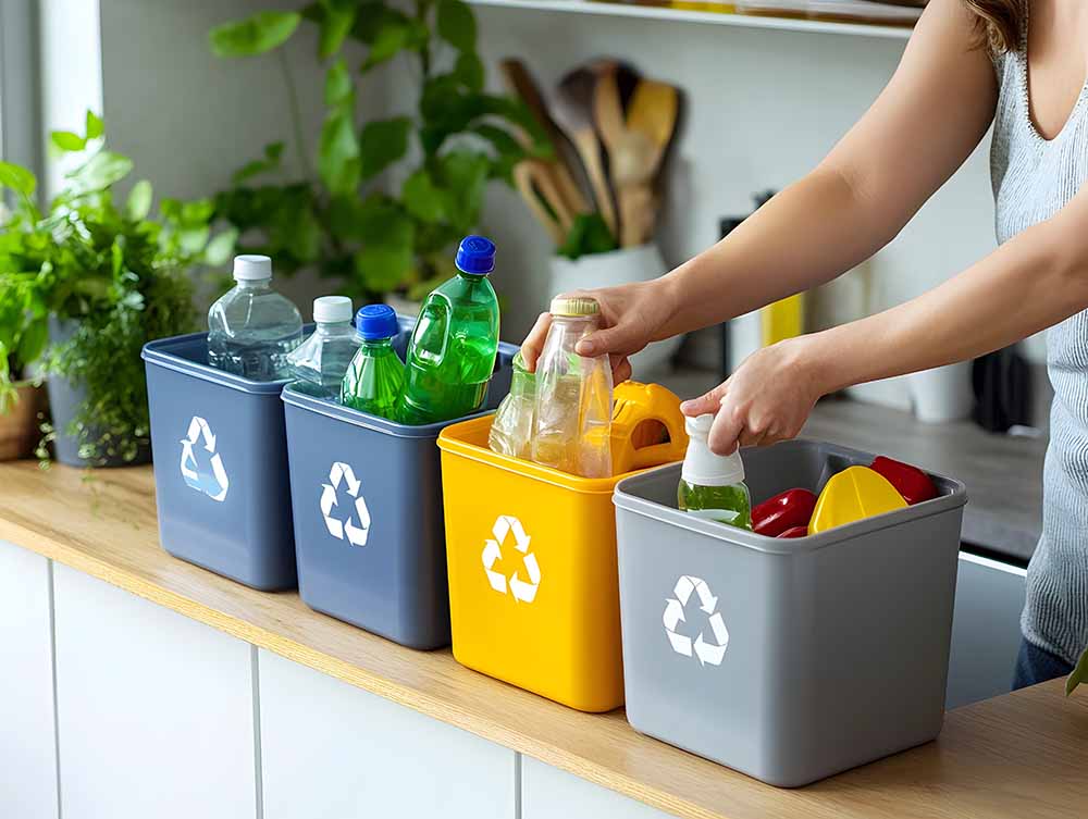 A woman sorting recycling at home